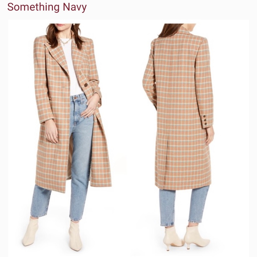 SOMETHING NAVY Blue Tan Plaid Wool Blend Coat NWT